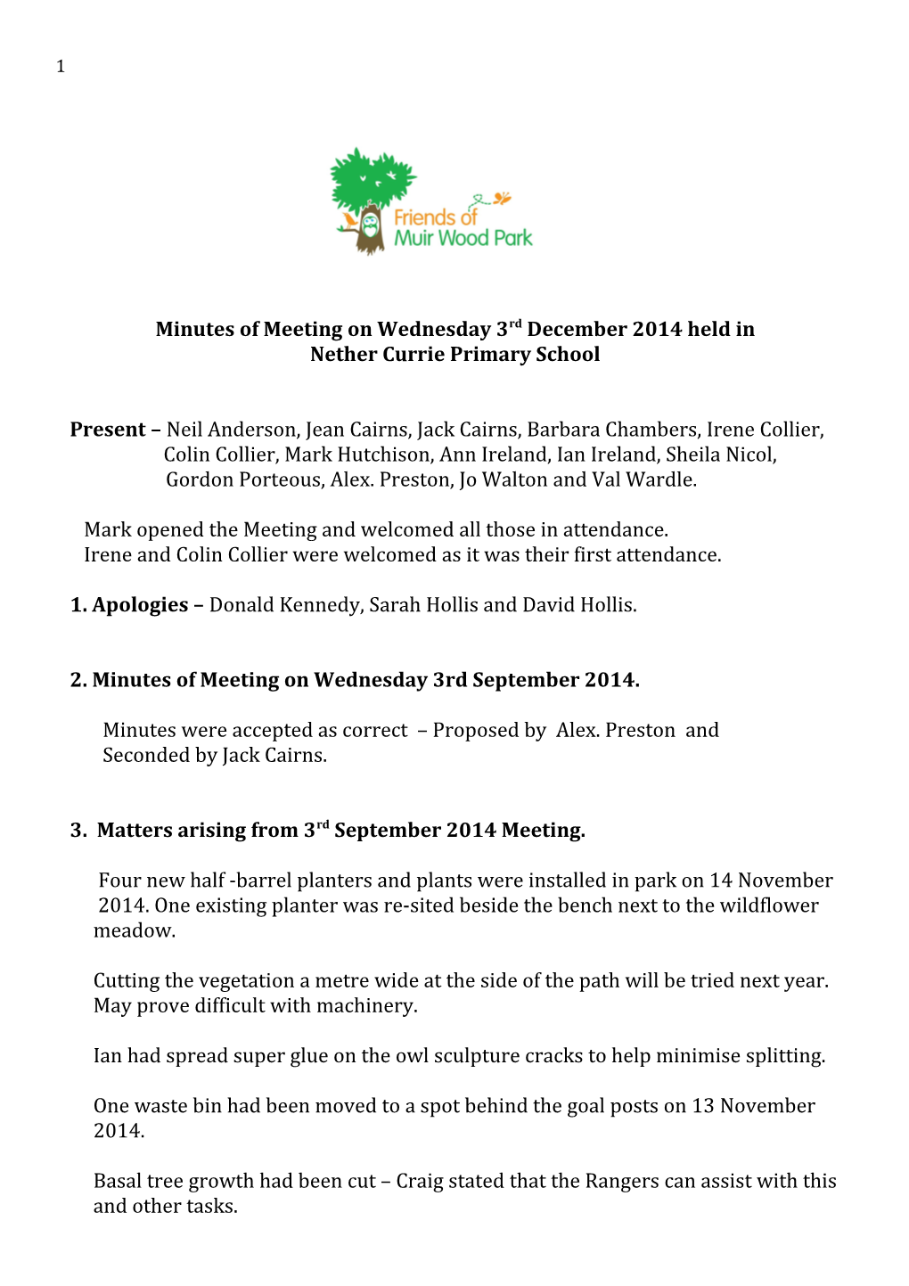 Minutes of Meeting on Wednesday 3Rd December 2014Held In