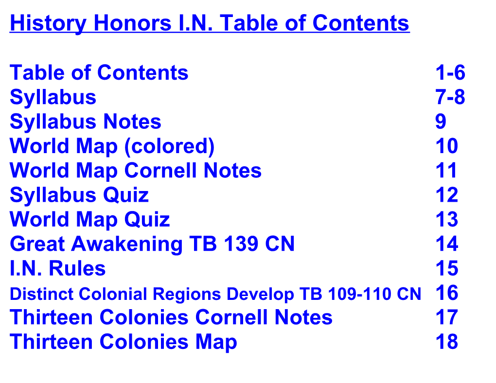 History Honors I.N. Table of Contents