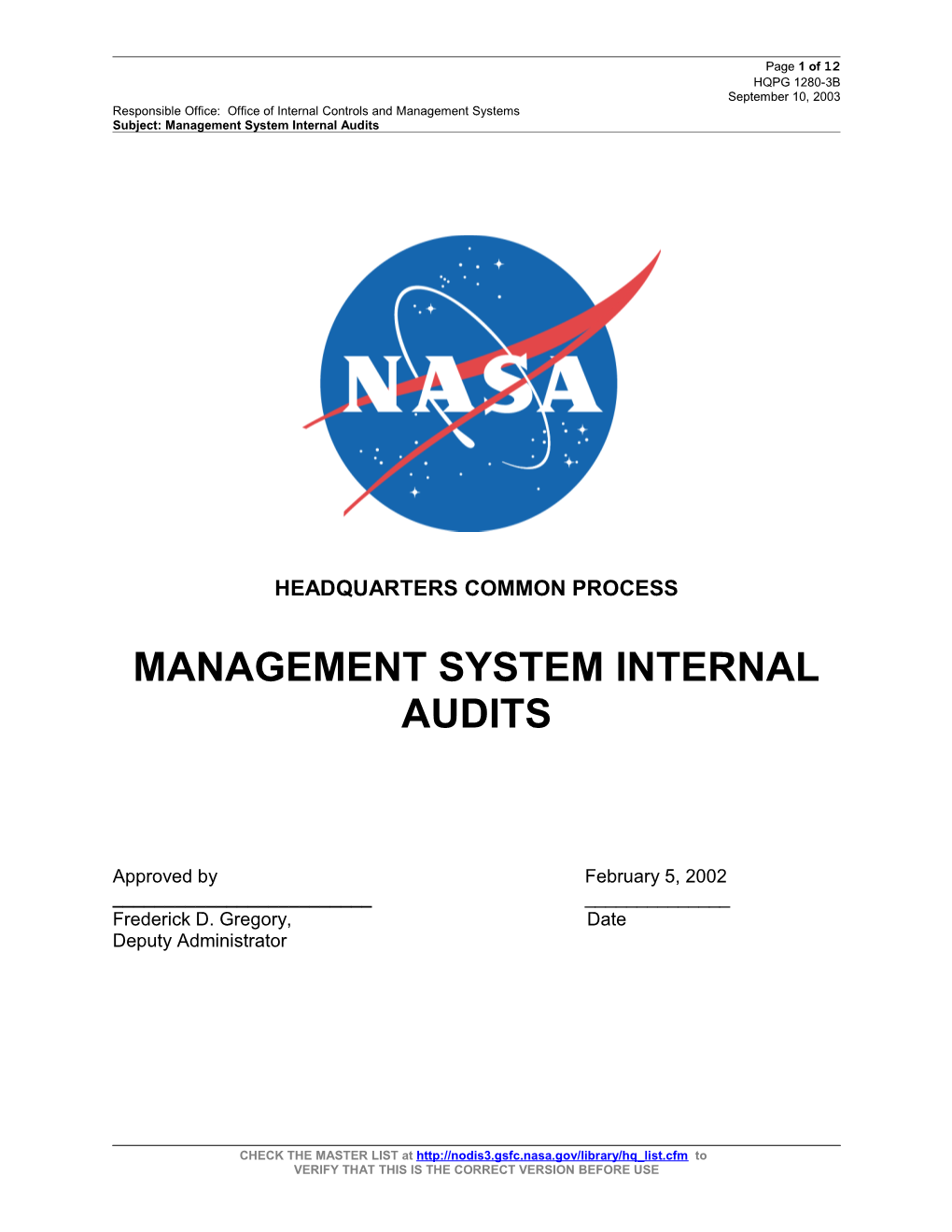 Subject: Management System Internal Audits