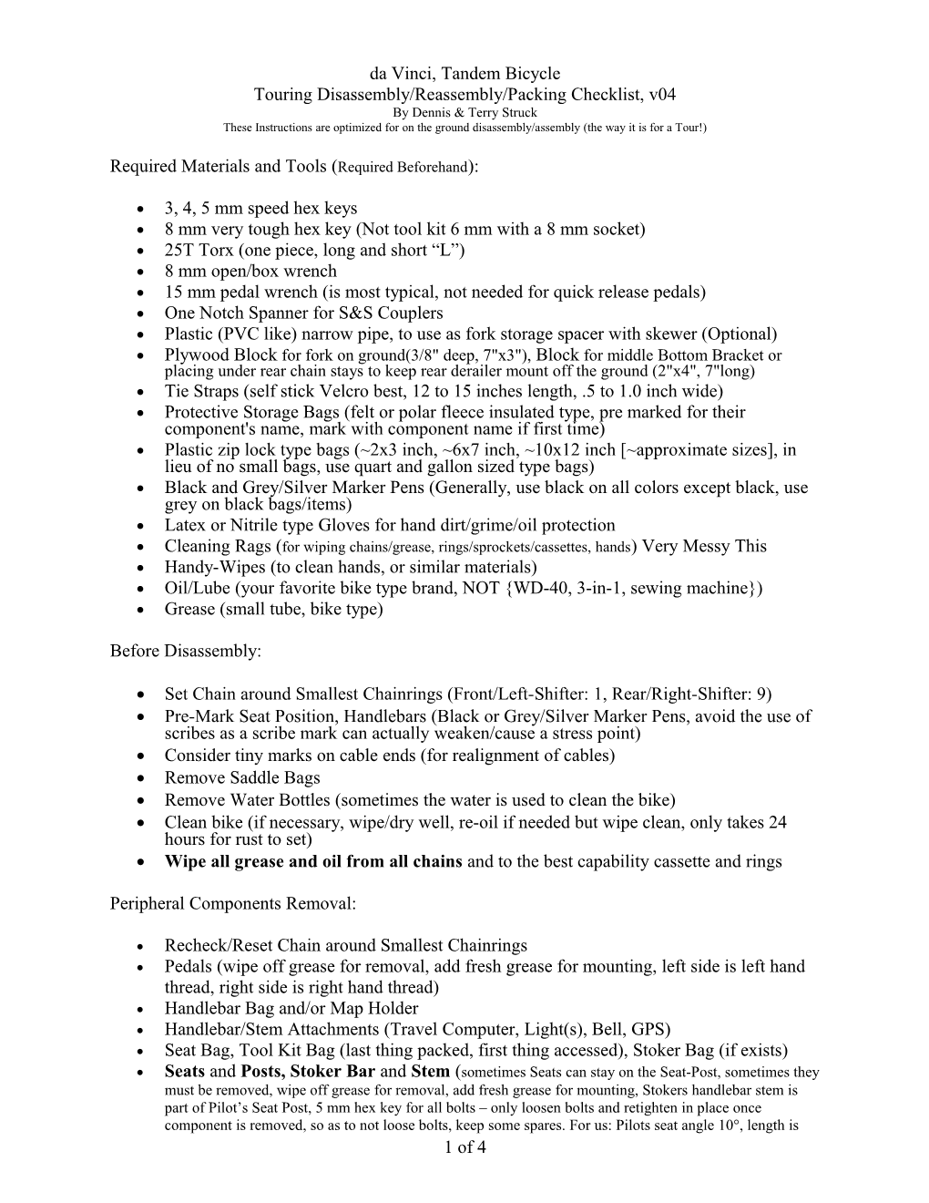 Touring Disassembly/Reassembly/Packing Checklist, V04