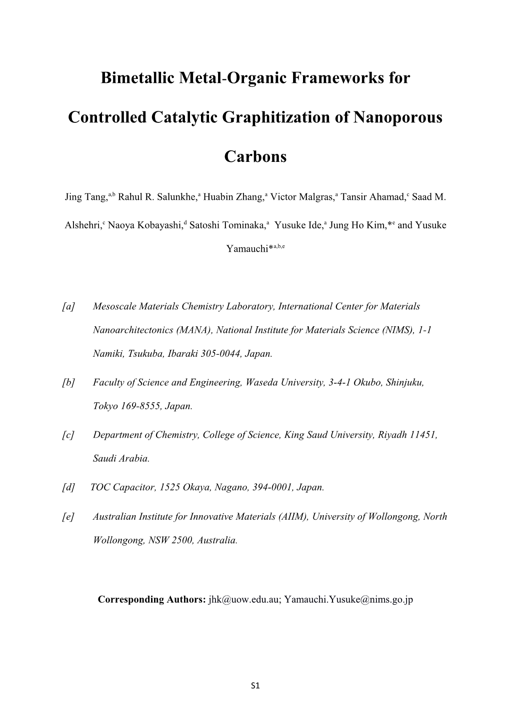 Bimetallic Metal-Organic Frameworks for Controlled Catalytic Graphitization of Nanoporous