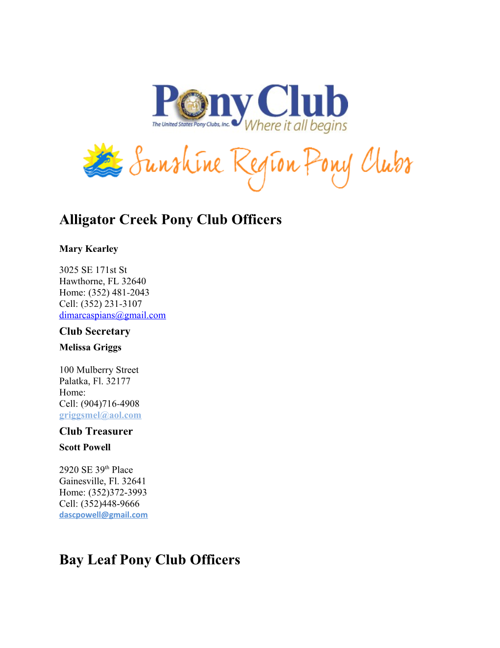 Alligator Creek Pony Club Officers