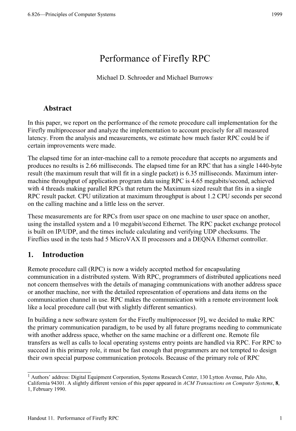 Handout 11. Performance of Firefly RPC