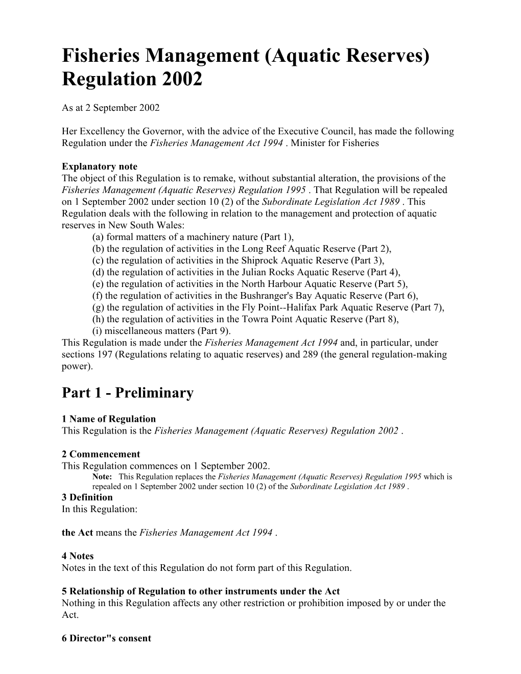 Fisheries Management (Aquatic Reserves) Regulation 2002