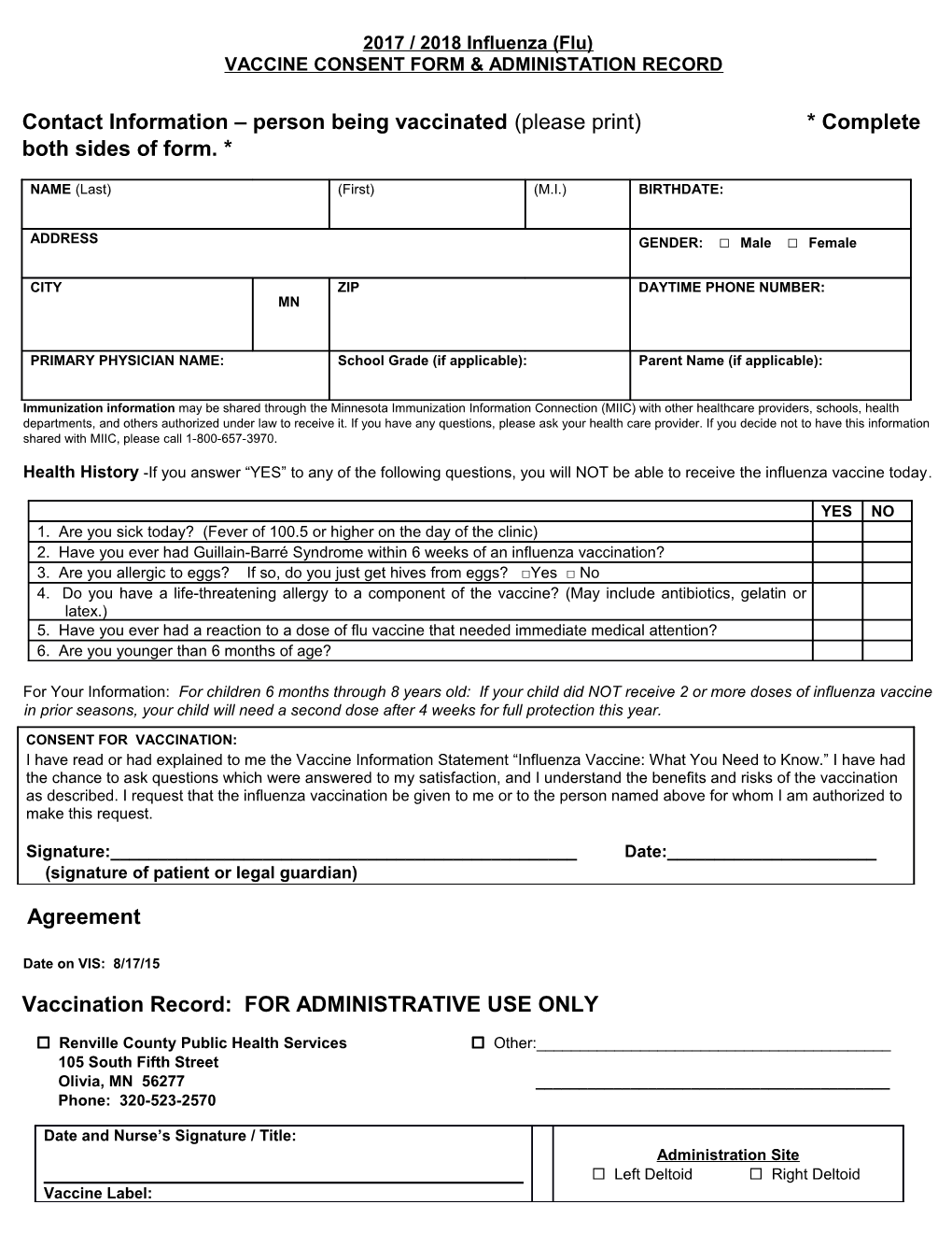 Vaccine Consent Form & Administation Record