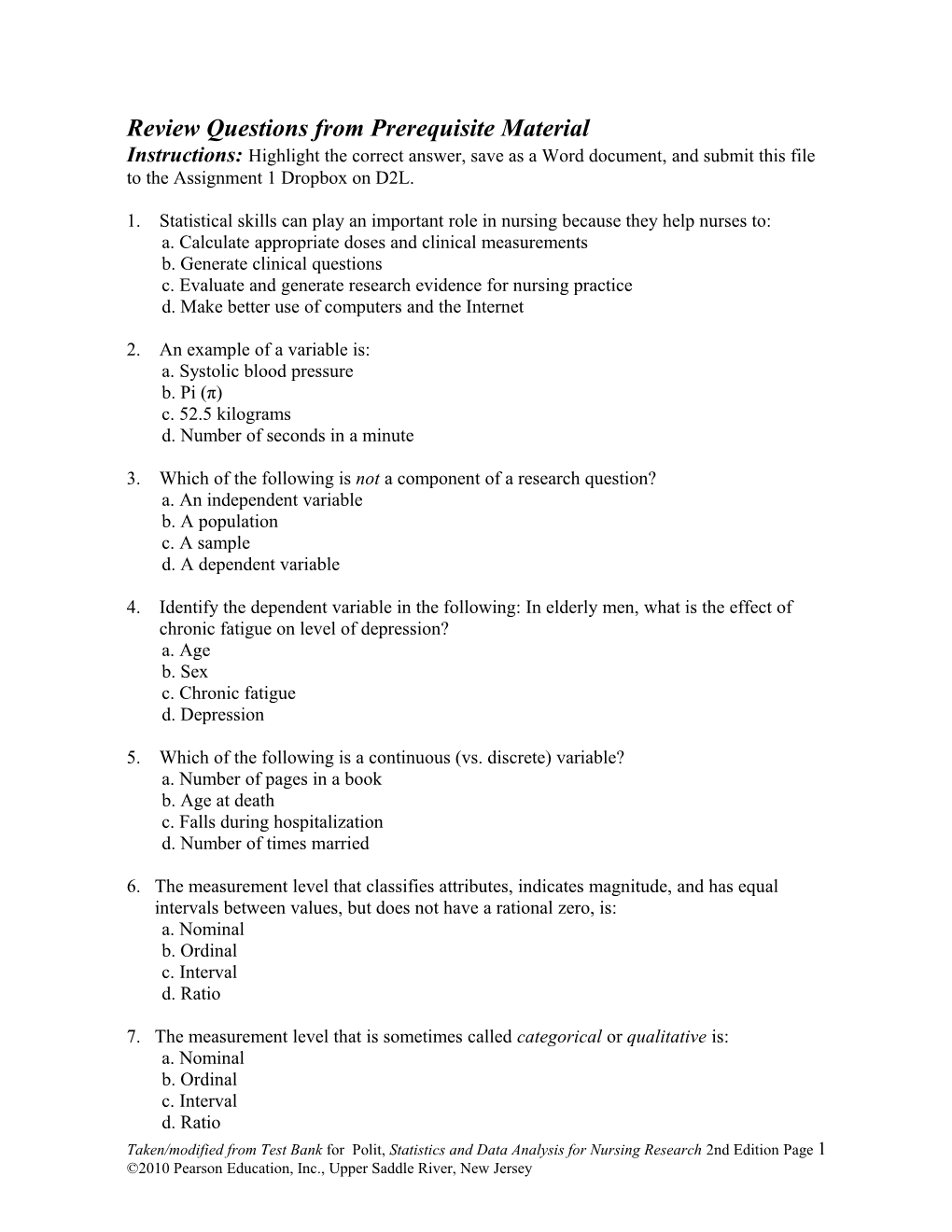 Review Questions from Prerequisite Material