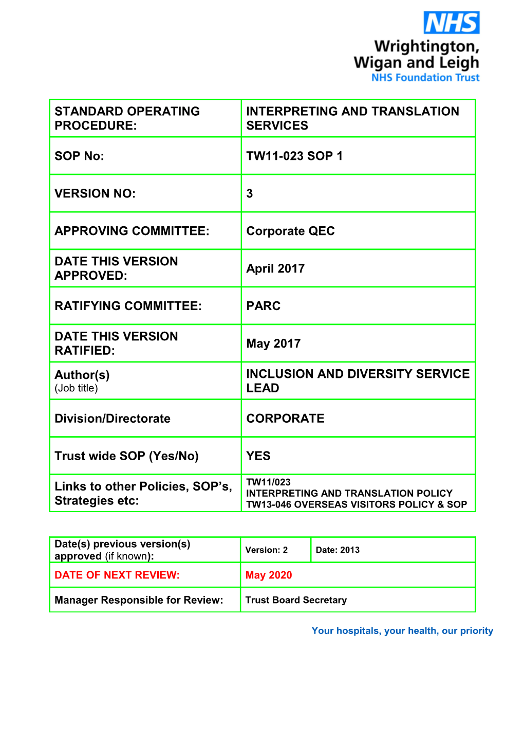 TW11/023 (SOP) Interpreting and Translation Services