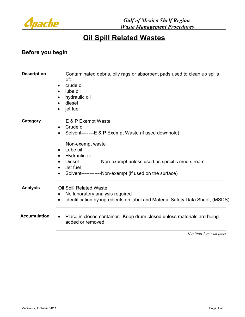 Oil Spill Related Wastes