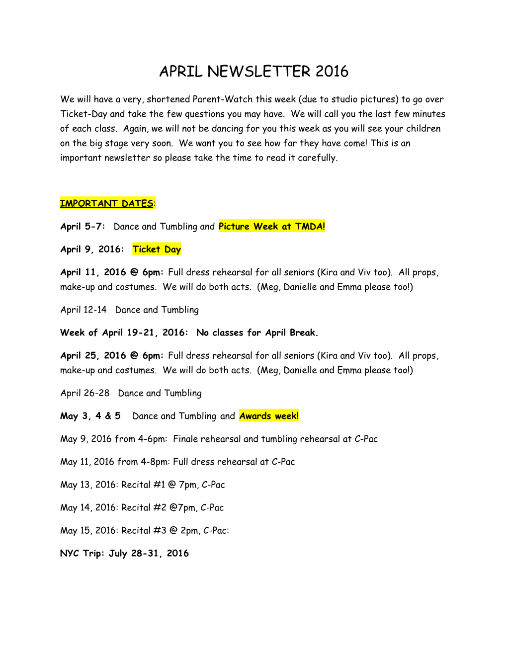 April 5-7: Dance and Tumbling Andpicture Week at TMDA!