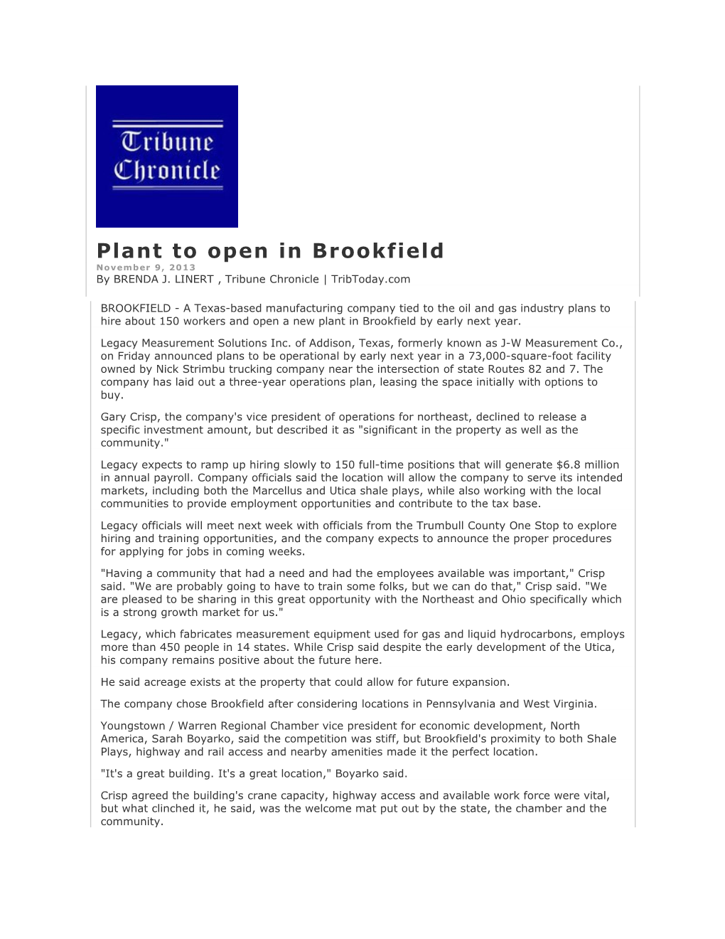 Plant to Open in Brookfield