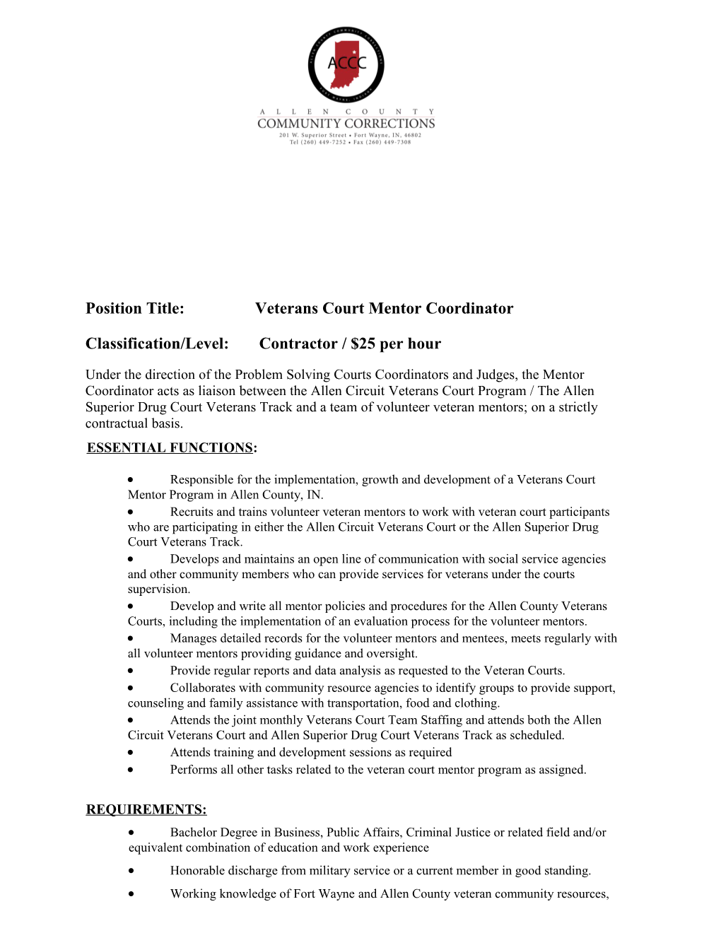 Position Title:Veterans Court Mentor Coordinator
