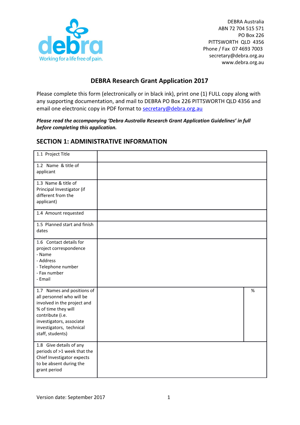 DEBRA Research Grant Application 2017