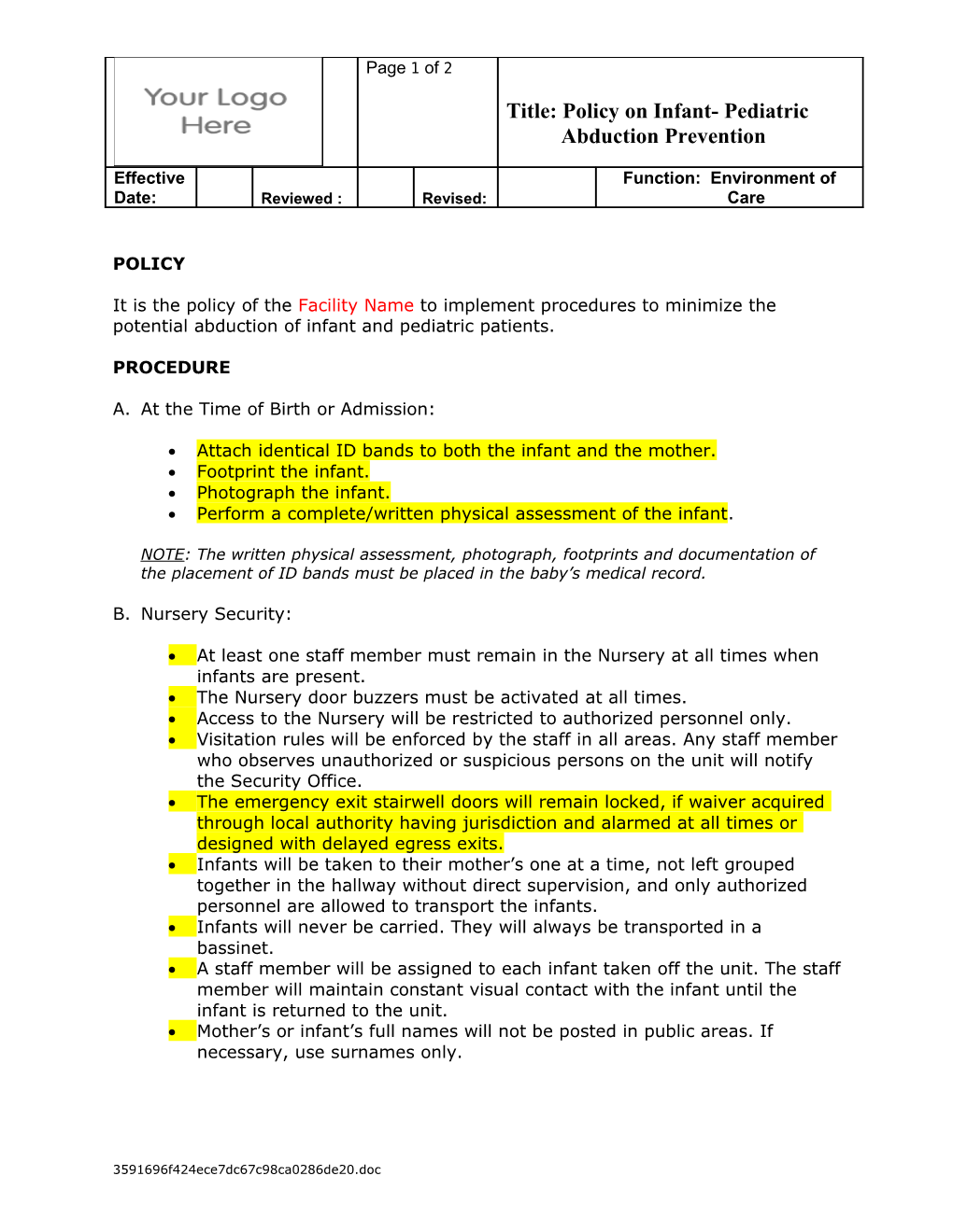 Policy on Infant Pediatric Abduction Prevention