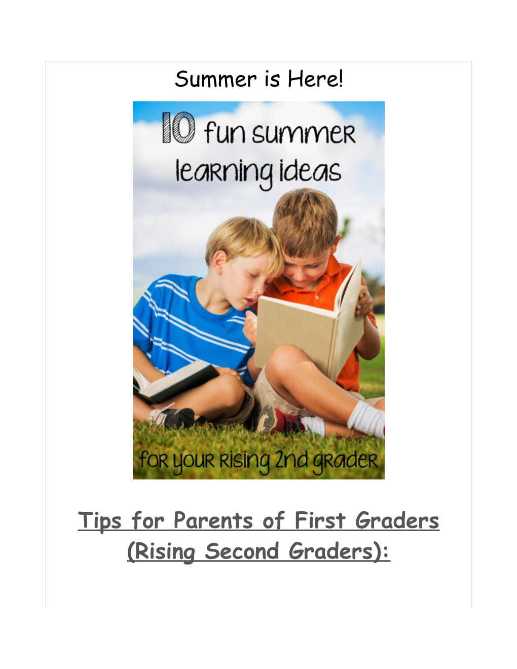 Tips for Parents of First Graders (Rising Second Graders)