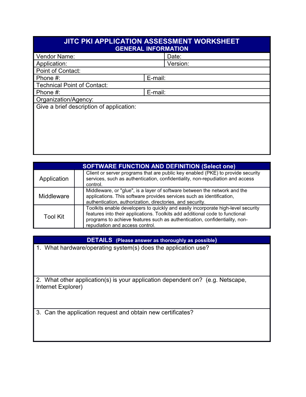 JITC PKI Application Assessment Worksheet