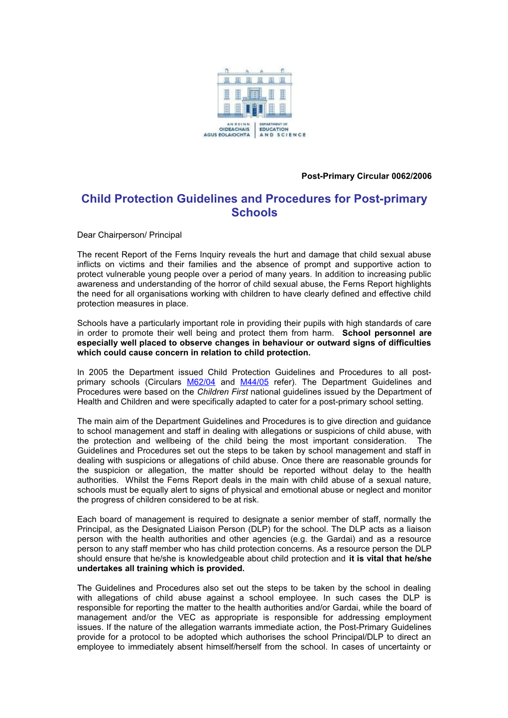 Circular 0062/2006 - Child Protection Guidelines and Procedures for Post-Primary Schools