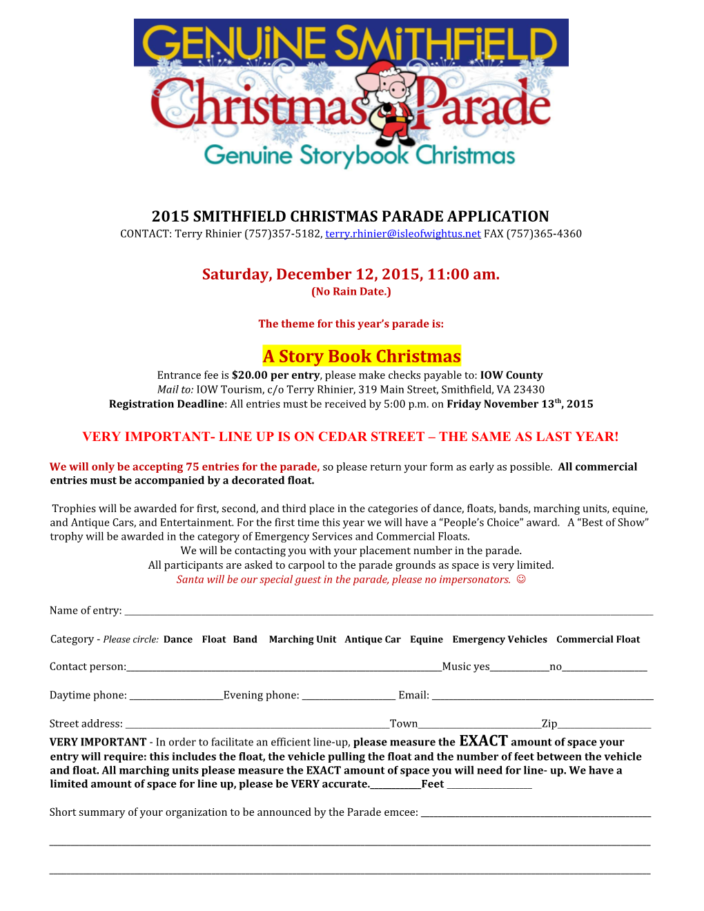2015 Smithfield Christmas Parade Application