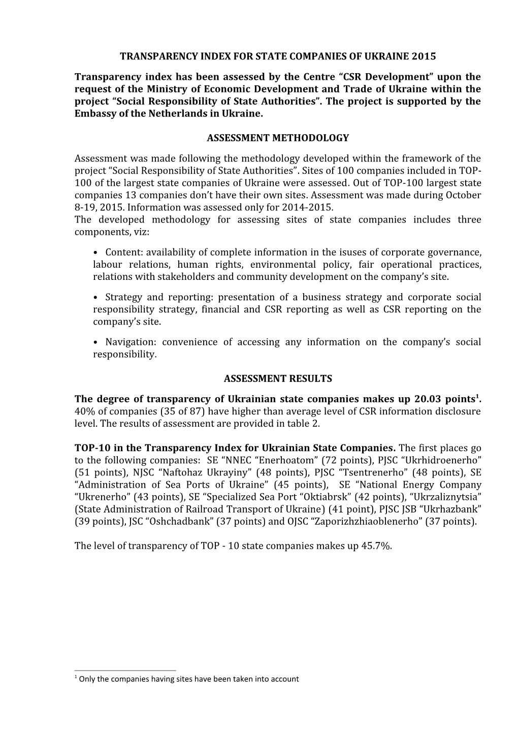 Transparency Index for State Companies of Ukraine 2015