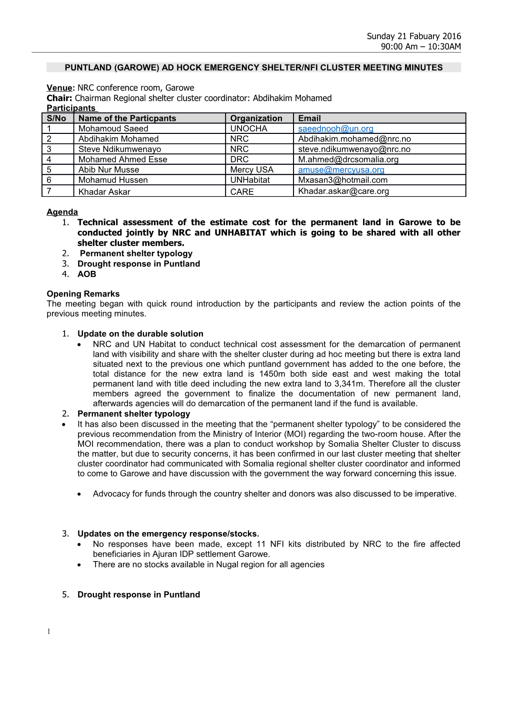 Puntland (Garowe) Ad Hock Emergency Shelter/Nfi Cluster Meeting Minutes