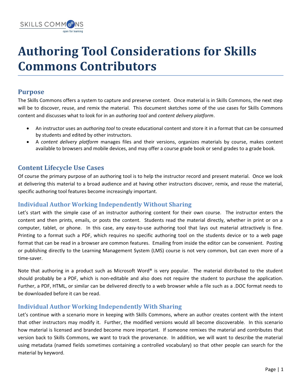 Authoring Tool Considerations for Skills Commons Contributors