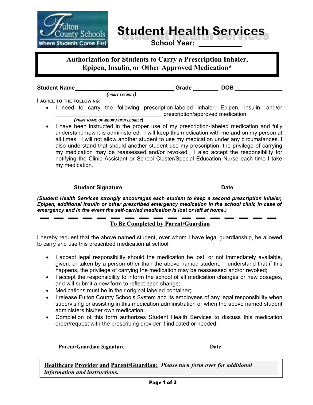 Authorization to Carry Medication Form