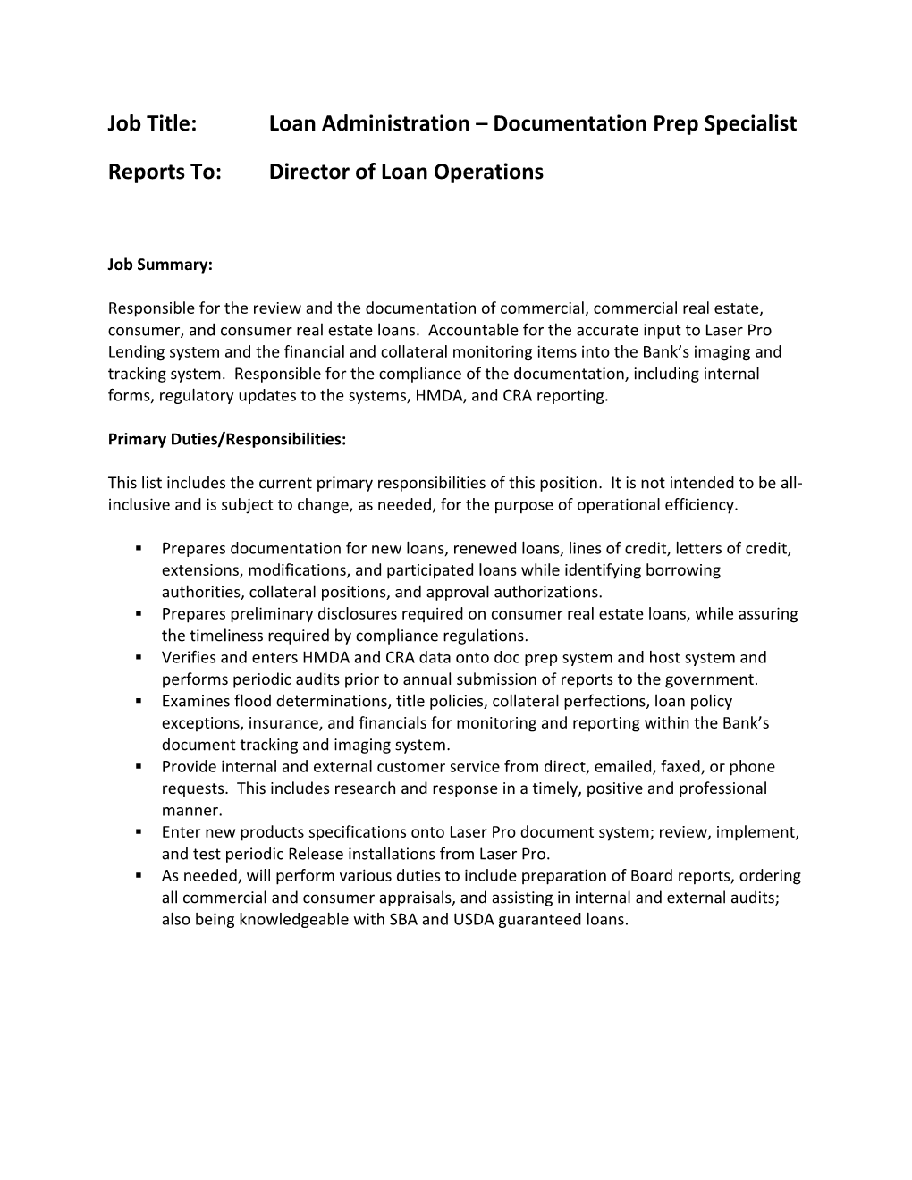 Job Title:Loanadministration Documentation Prep Specialist