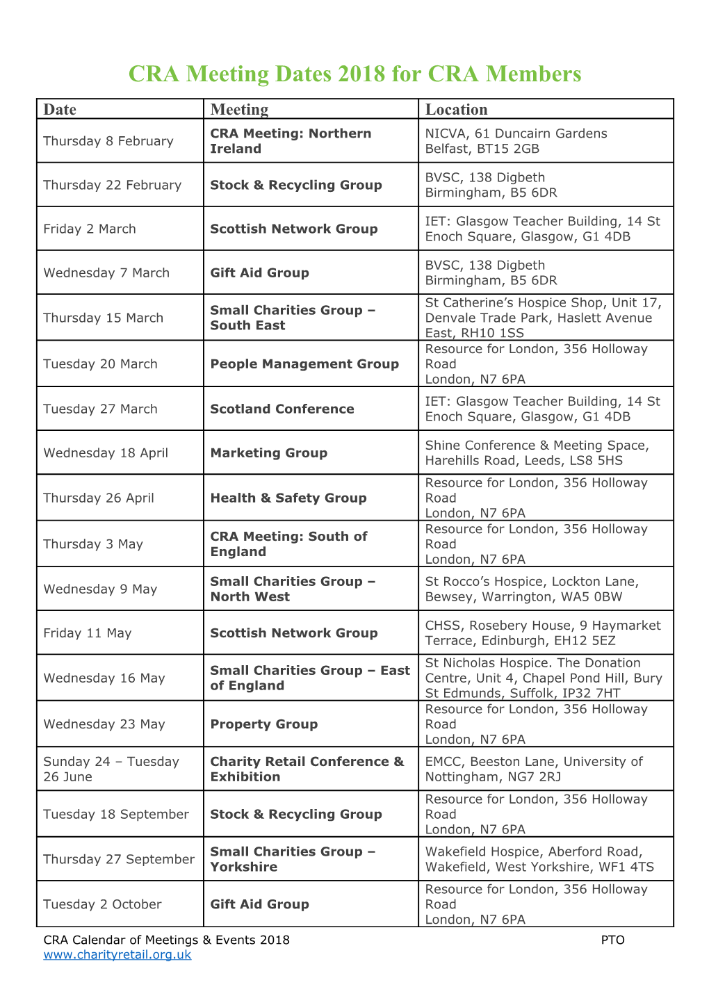 CRA Meeting Dates 2018 for CRA Members