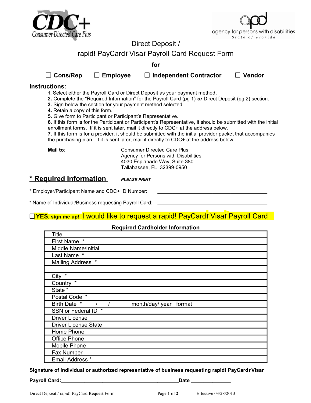 Rapid! Paycardr Visarpayroll Card Request Form