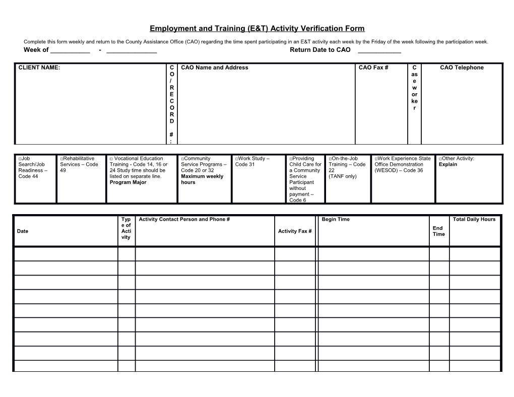 Employment and Training (E&T) Activity Verification Form