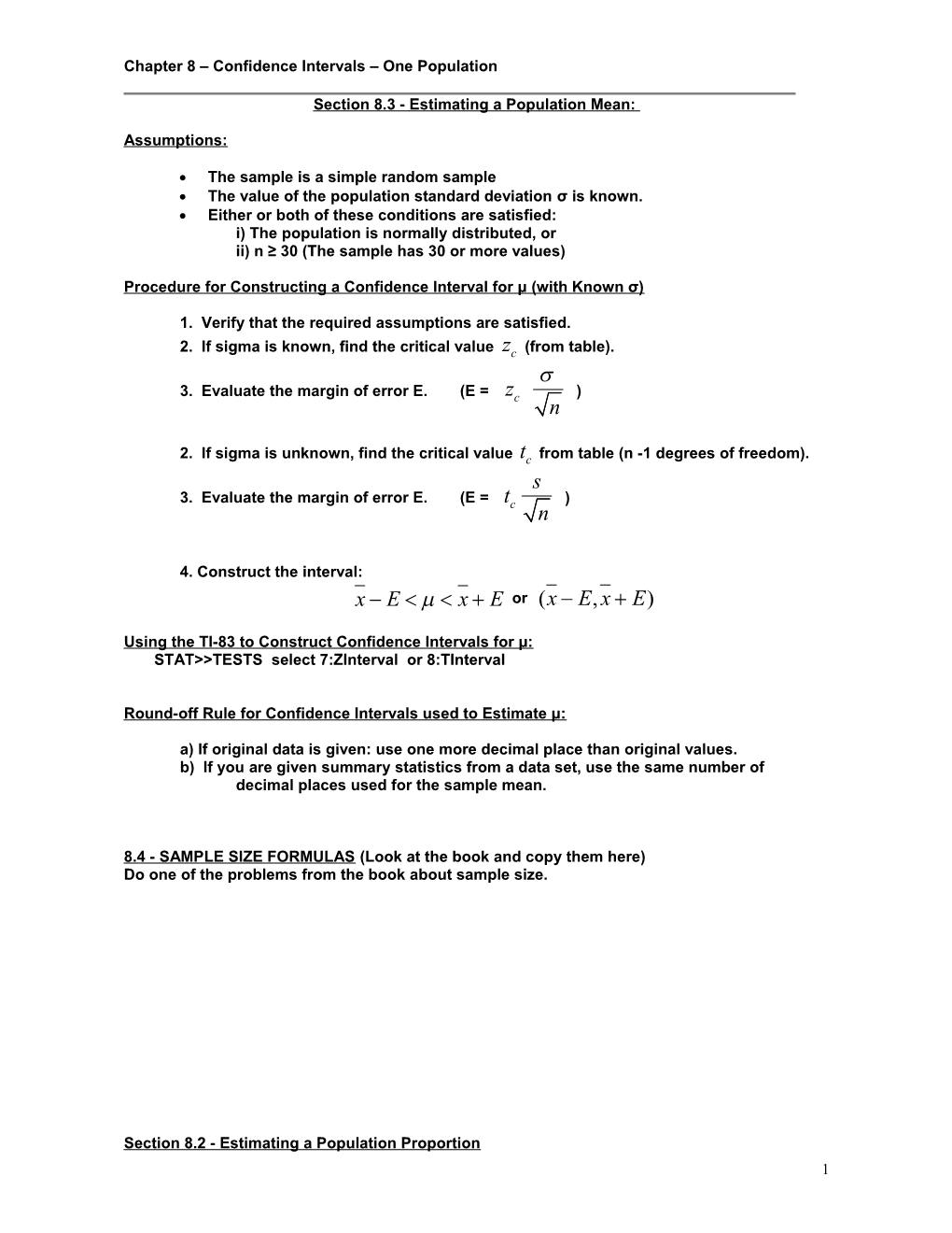 Chapter 8 Confidence Intervals One Population