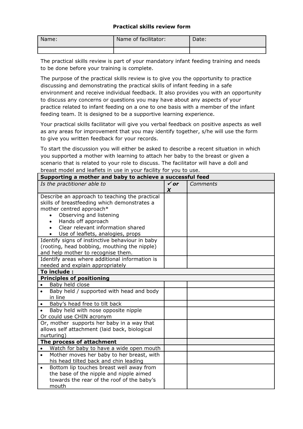 Sample Practical Skills Review Form