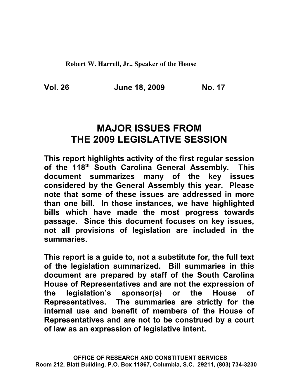 Legislative Update - Vol. 26 No. 17 June 18, 2009 - South Carolina Legislature Online