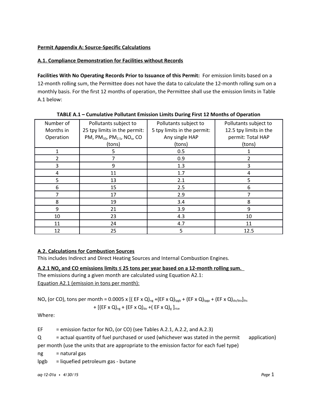 Appendix a Source Specific Calculations