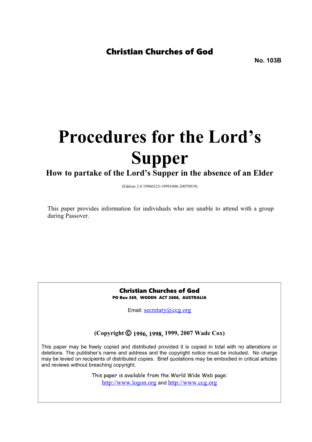 Procedures for the Lord's Supper (No. 103B)