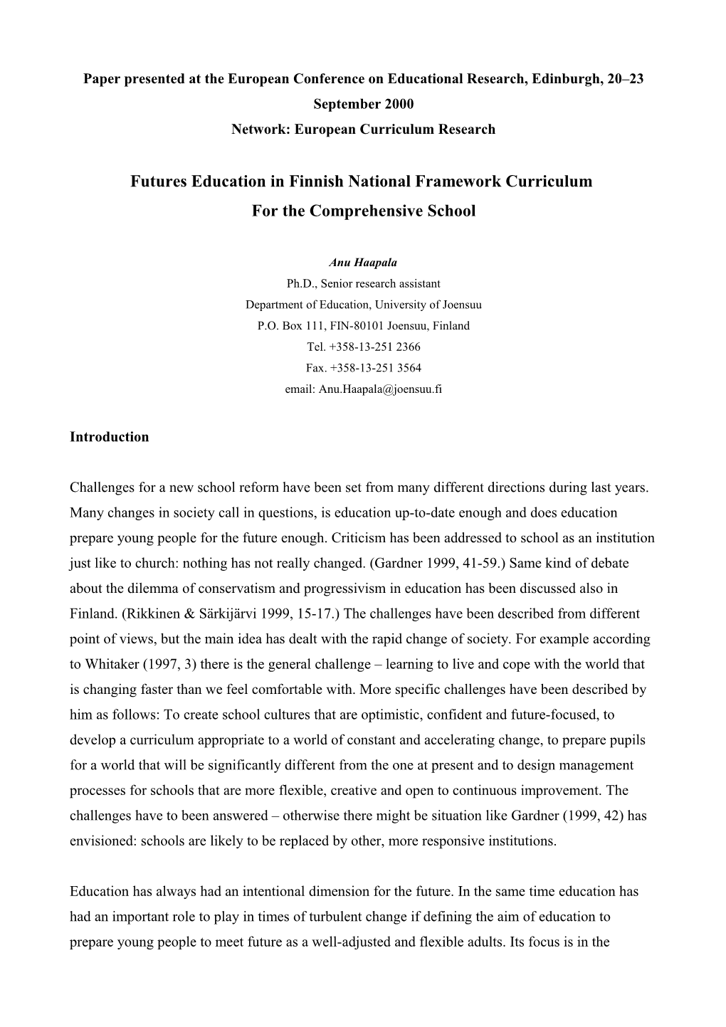 Futures Education in Finnish National Framework of Curriculum