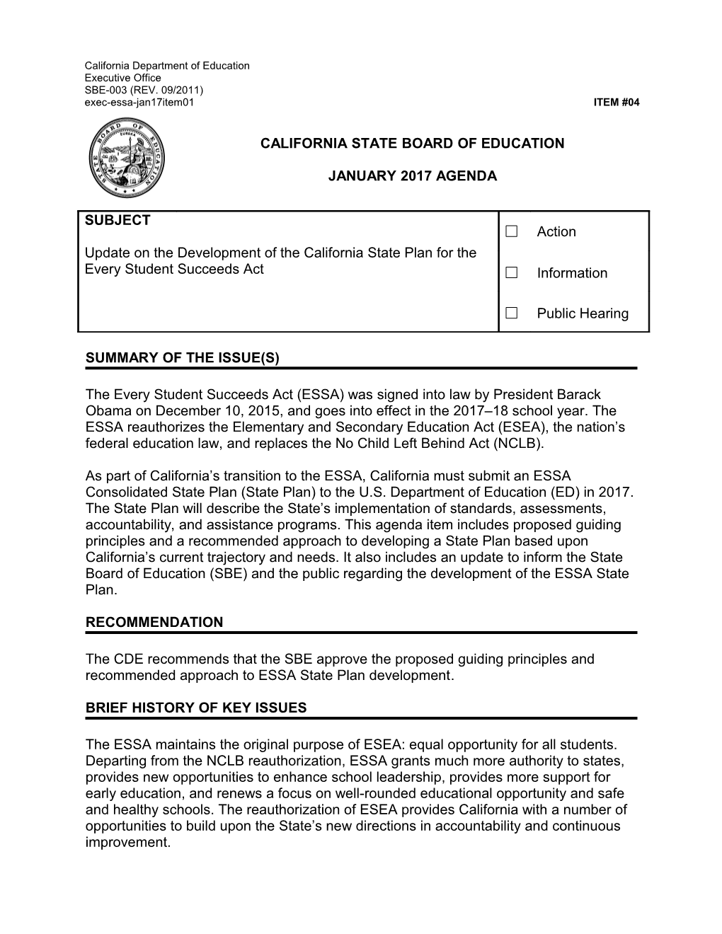 January 2017 Agenda Item 04 - Meeting Agendas (CA State Board of Education)