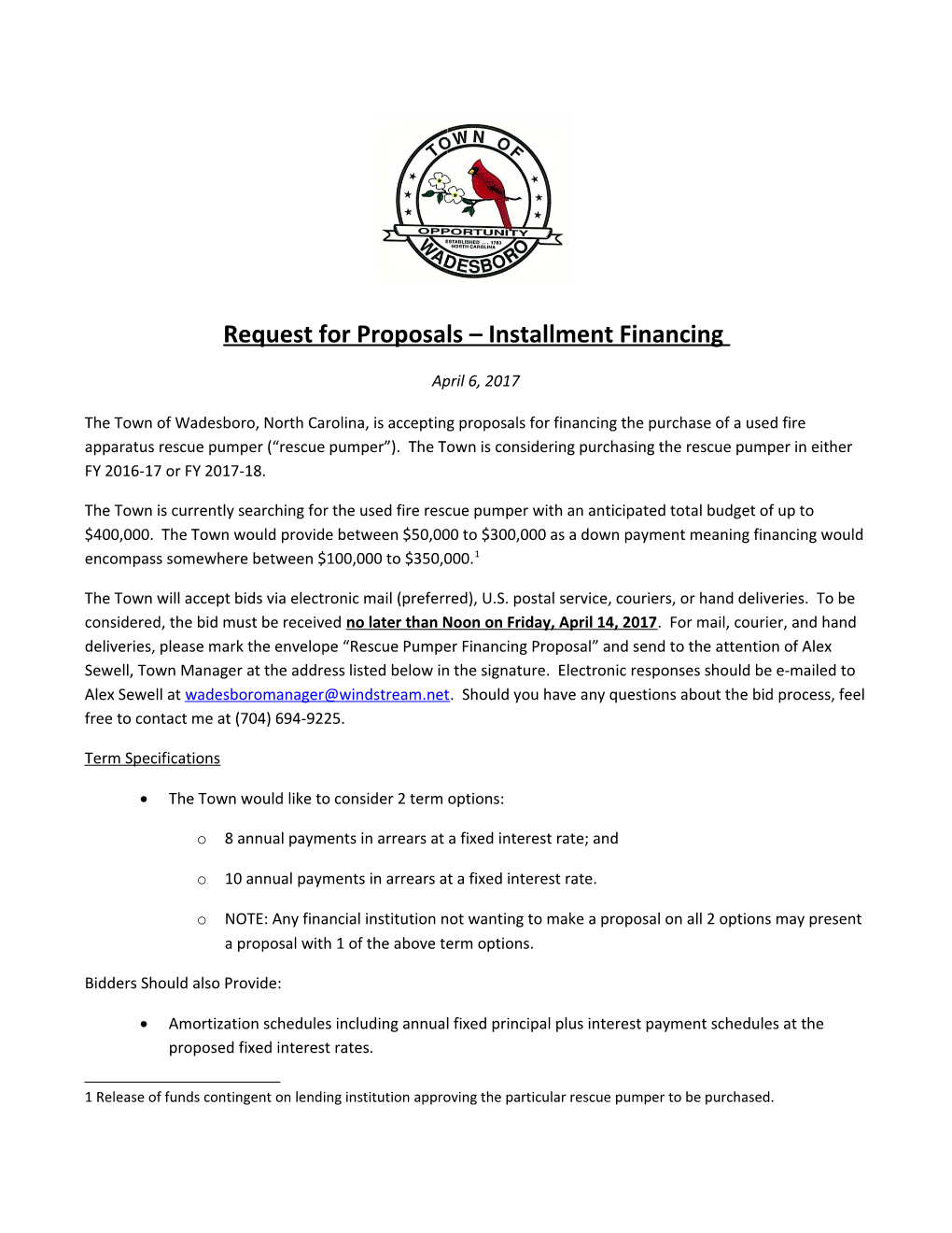 Request for Proposals Installment Financing