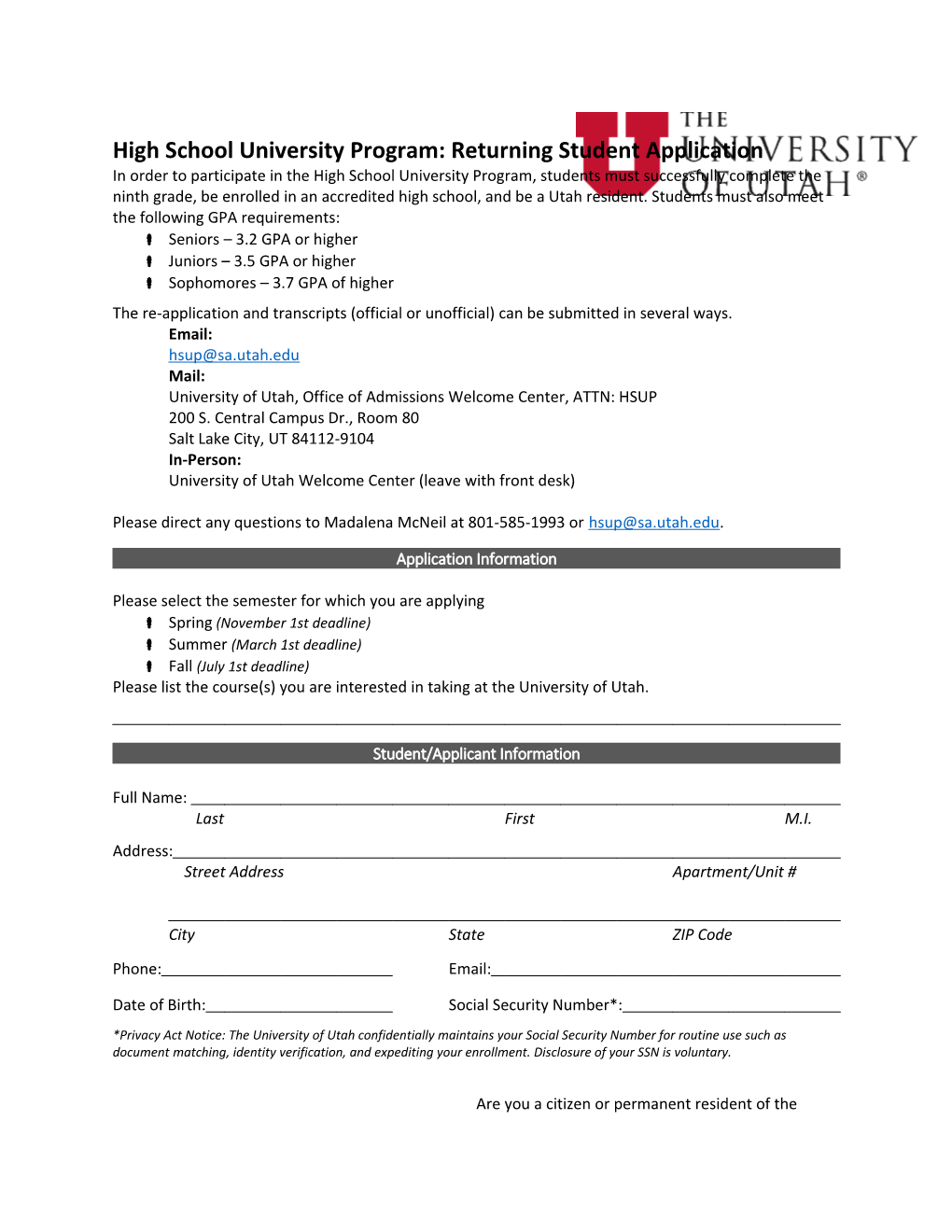 High School University Program: Returning Student Application