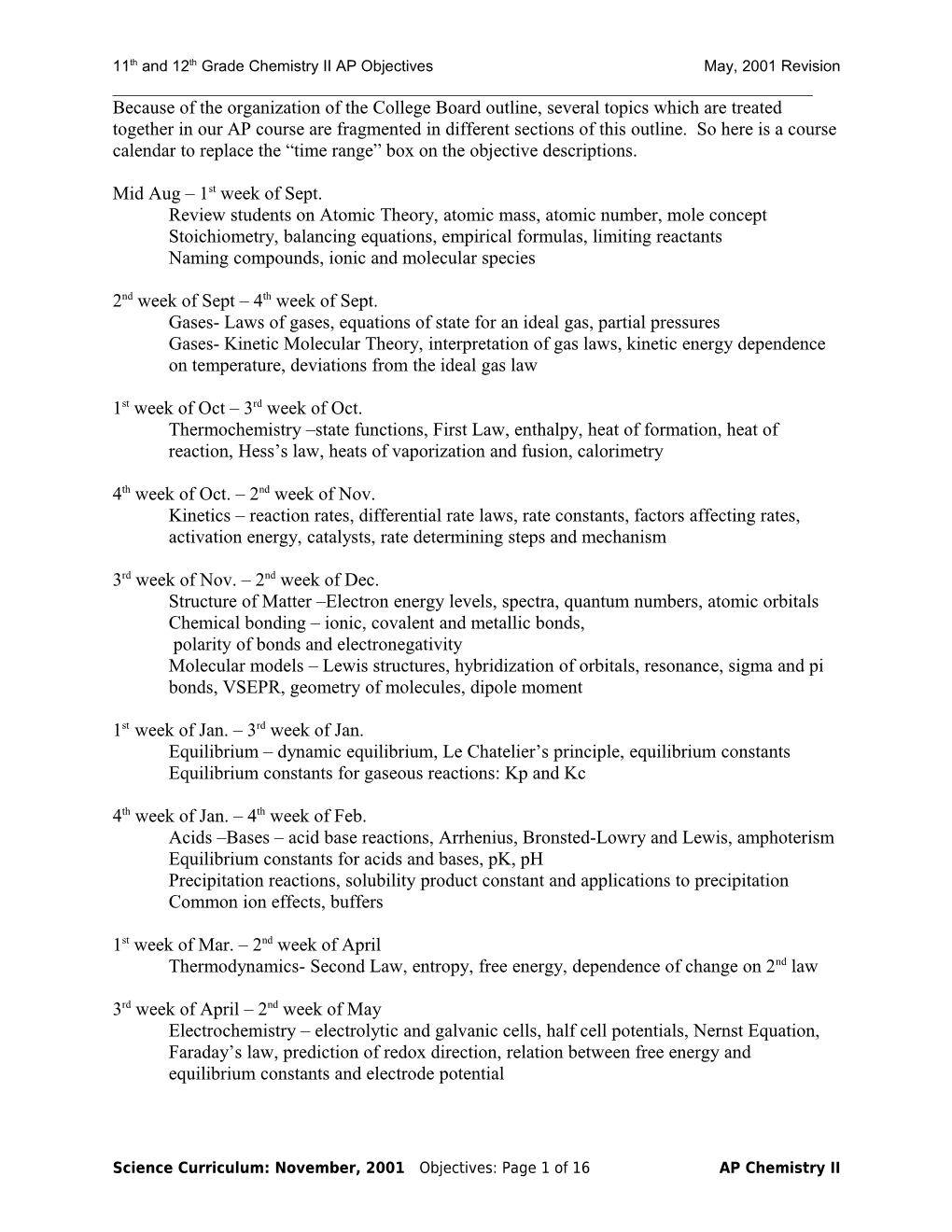 11Th and 12Th Grade Chemistry II AP Objectivesmay, 2001 Revision