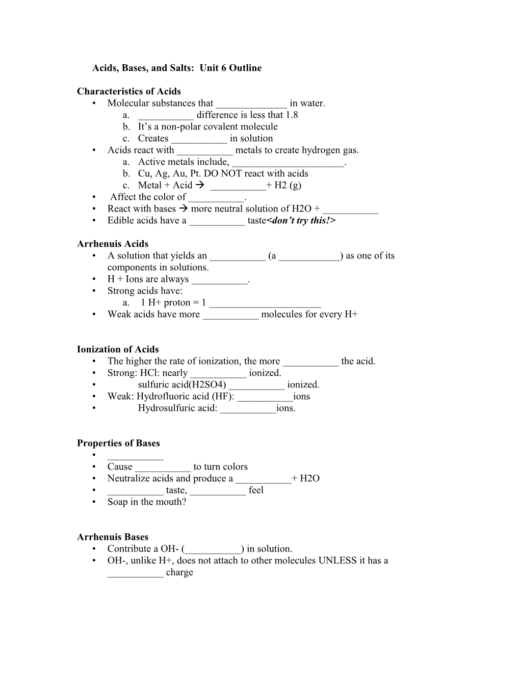 Acids, Bases, and Salts: Unit 6 Outline