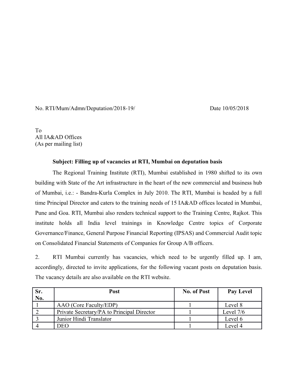 No. RTI/Mum/Admn/Deputation/2018-19/Date 10/05/2018