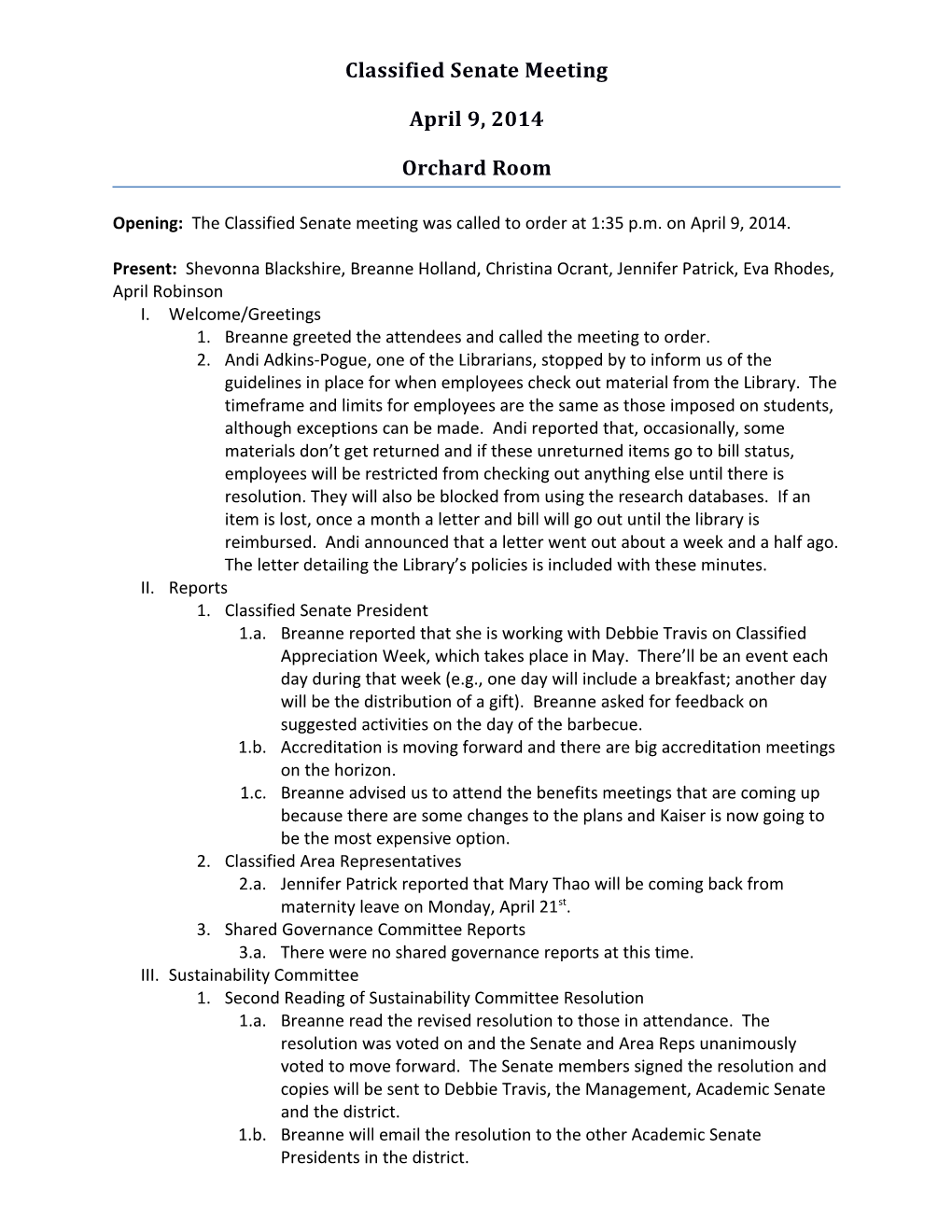 Classified Senate Meeting Minutes (4-9-14)