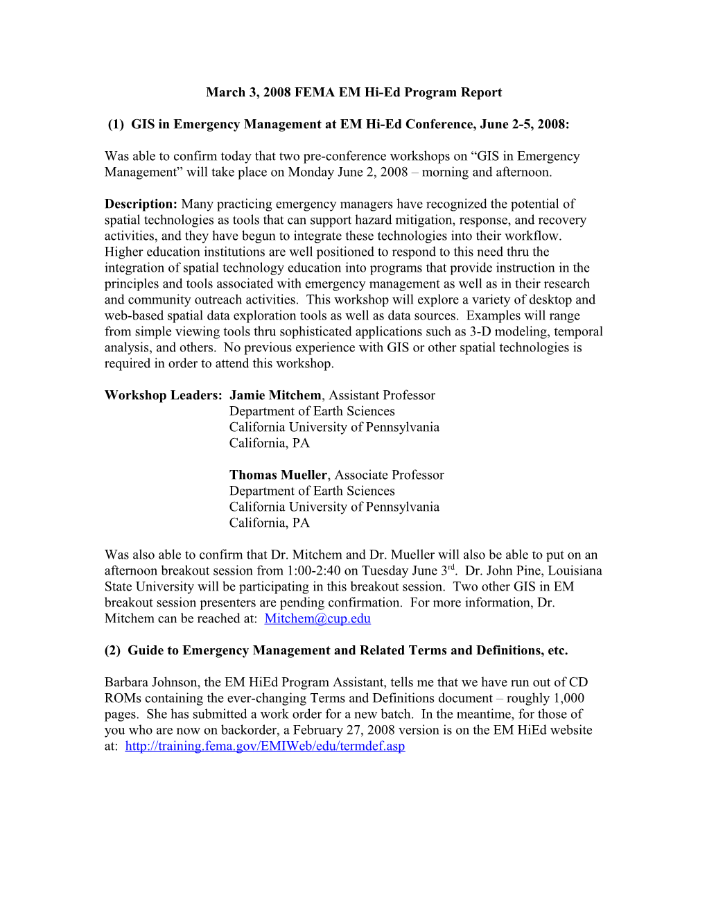 March 3, 2008 FEMA EM Hi-Ed Program Report