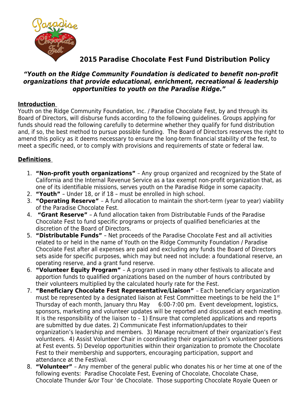 2015Paradise Chocolate Fest Fund Distribution Policy