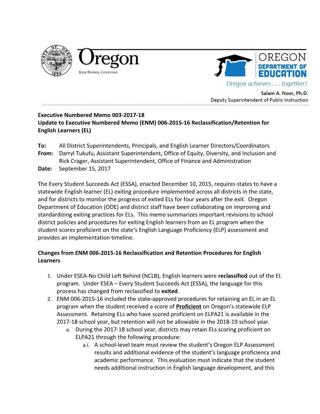 ENM 003-2017-18 Update to ENM 006-2016-17 Reclass-Retention for Els