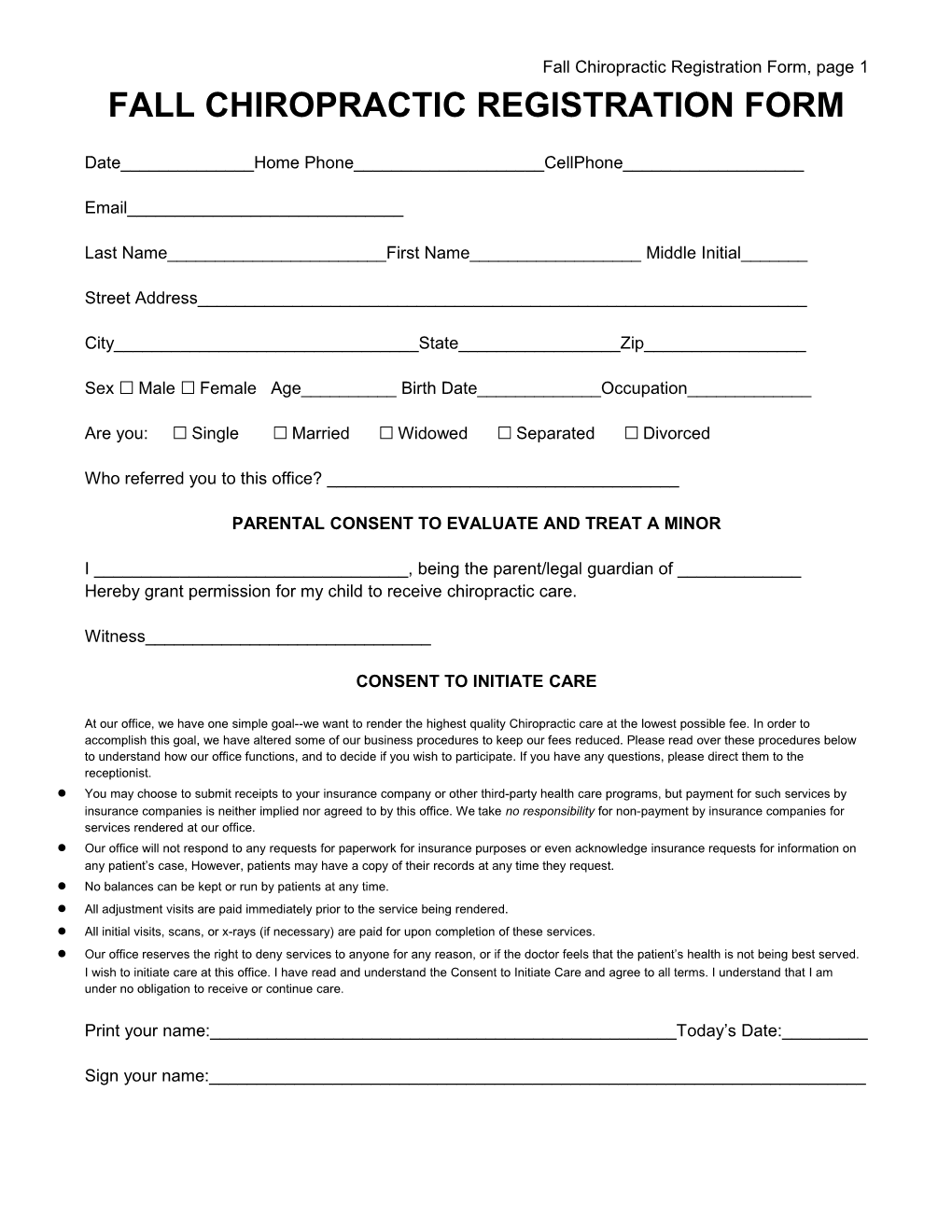 Fall Chiropractic Registration Form, Page 1