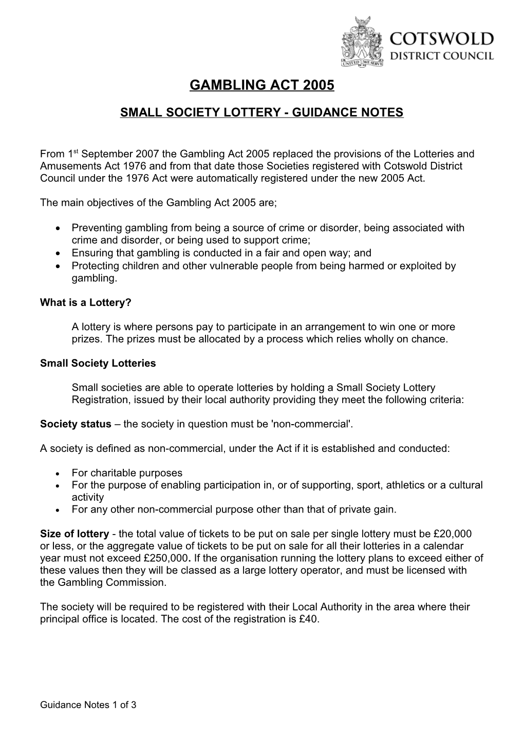Small Society Lottery - Guidance Notes