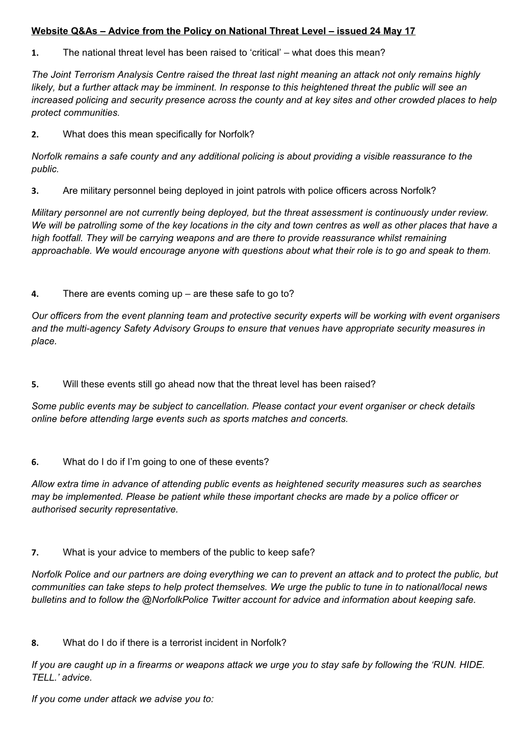 Website Q&As Advice from the Policy on National Threat Level Issued 24 May 17