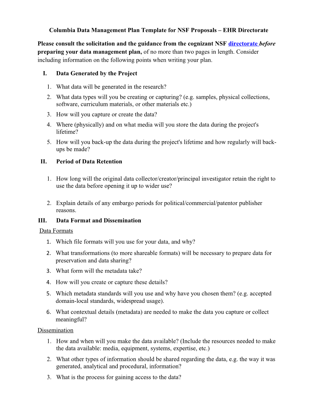 Columbia Data Management Plan Template for NSF Proposals EHR Directorate