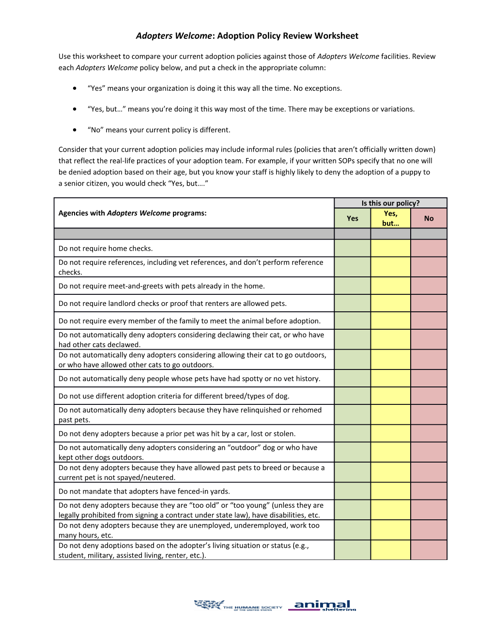 Adopters Welcome: Adoption Policy Review Worksheet